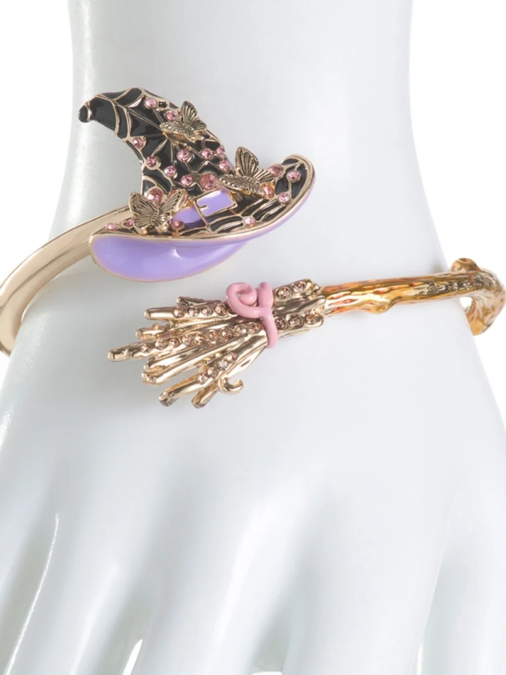 Betsey Johnson Gold Tone Witch Hat & Broom Bracelet with Purple and Pink Accents